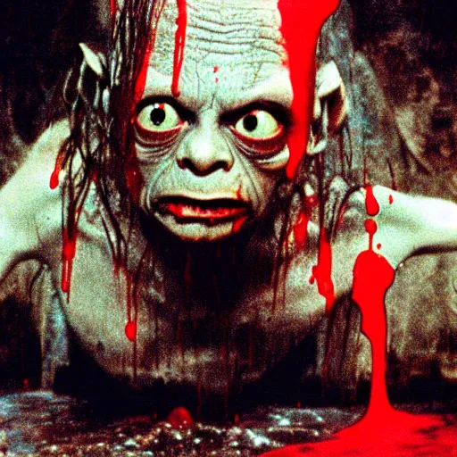 Image similar to gollum covered in blood, carrie 1 9 7 6