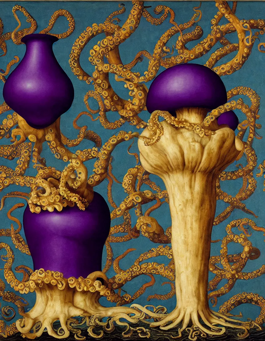 Prompt: vase of mushroom in the sky and under the sea decorated with a dense field of stylized scrolls that have opaque purple outlines, with octopus, ambrosius benson, oil on canvas, hyperrealism, light color, no hard shadow, around the edges there are no objects