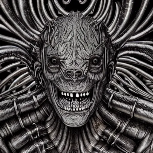 Image similar to space alien, slimy, glossy, sharp teeth, by h. r. giger, nightmare fuel, nightmarish, intricate, highly detailed, optical illusion, stranger things demogorgon, cave lighting, flickering