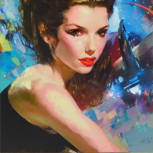 Image similar to amouranth by john berkey, rule of thirds, seductive look, beautiful, in intergalactic hq