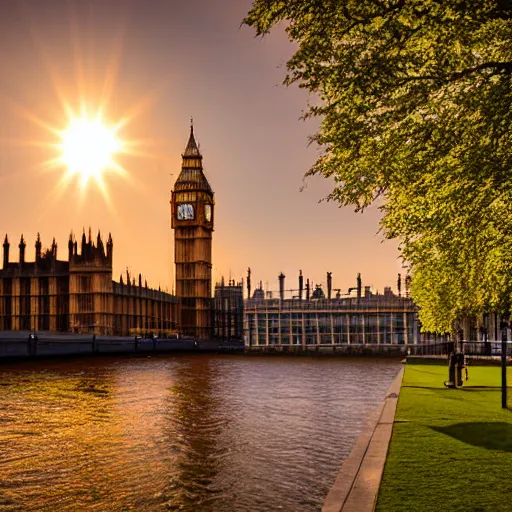 Prompt: looking onto the big ben from across the themse, London, wideangle, sunset, lenseflare