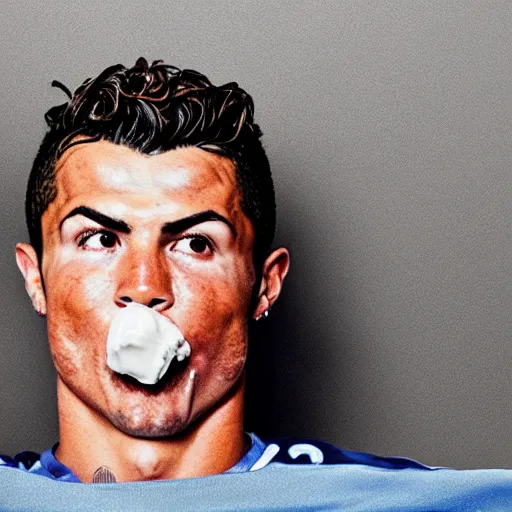 Prompt: a promo portrait of cristiano ronaldo crying in a sofa, eating a bucket of ice cream, sad, angry, unhappy,
