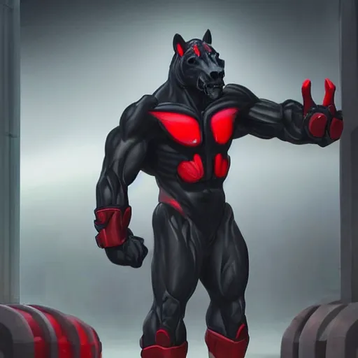 Image similar to a hulking musclebound male anthro horse wearing a tactical suit in a research facility, black suit with red highlights, exaggerated physique, highly detailed, anthro art, furaffinity, digital painting, artstation, sharp focus, smooth, concept art, illustration, art by artgerm, greg rutkowski, wlop