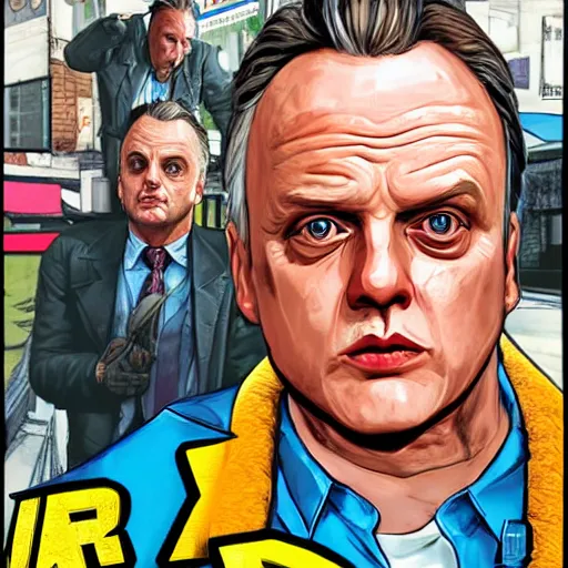 Image similar to Rik Mayall in GTA VI, cover art by stephen Bliss