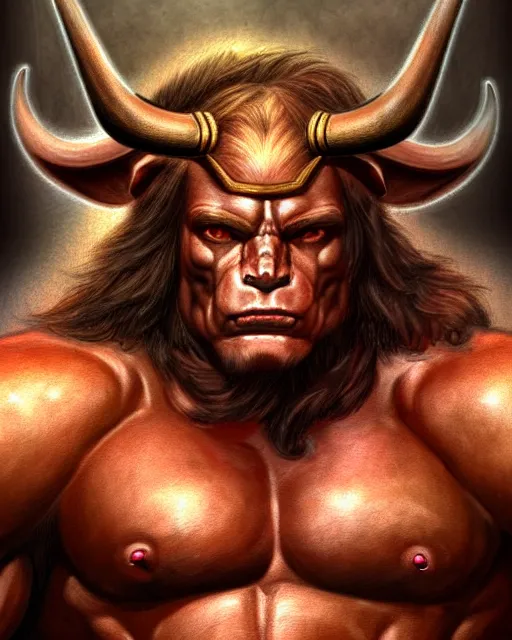 Image similar to minotaur from path of exile, portrait, digital painting, pecs like Schwarzenegger, highly detailed, intricate, trending on artstation, art by John Buscema