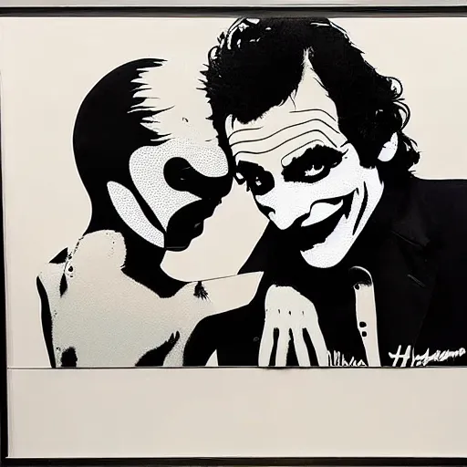 Image similar to richard hamilton and mimmo rottela and banksy as joaquin phoenix skinny joker holding hand lady gaga harley queen, ultra photorealistic, intricate details, pop art style, concept art, ultrarealistic, 3 colors, 4 d, smooth, sharp focus