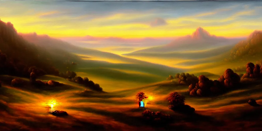 Image similar to a breathtaking landscape from a hilltop, cinematic lighting, detailed oil painting, hyperrealistic, 8k