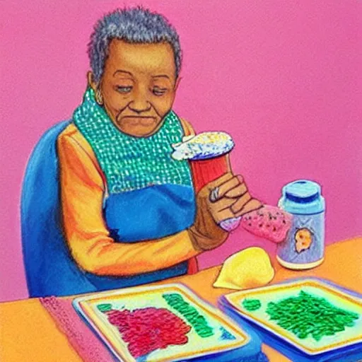 Image similar to “ old lady feeding crayons to child, bizzaro, detailed af ”