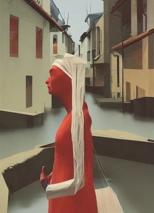 Image similar to woman in vr headset made of paper, dressed in plastic bags, on flooded street Edward Hopper and James Gilleard, Zdzislaw Beksinski, highly detailed