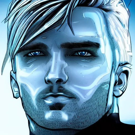 Image similar to man portrait made out of ice, beautiful, cyborg, comic book art, blond hair, neon