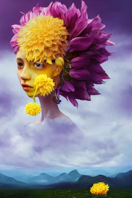 Image similar to closeup girl with giant yellow dahlia flower as a face, standing on mountain, surreal photography, blue storm clouds, dramatic light, impressionist painting, digital painting, artstation, simon stalenhag