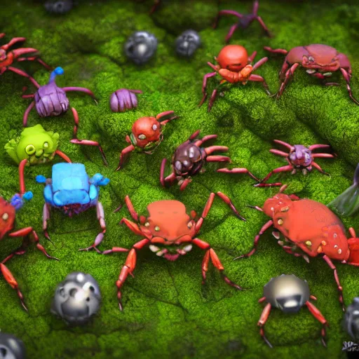 Prompt: voidless of the festival!, large group of crabs and worms, crawling along a bed of moss, low poly, creeper world, handcrafted, artstation, hyperrealistic, hard light, best practices, creeptastic, photorealism, macro perspective, cuddly