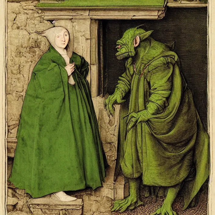 Prompt: a goblin monster and a woman in a green cloak, by Hans Holbein the Younger