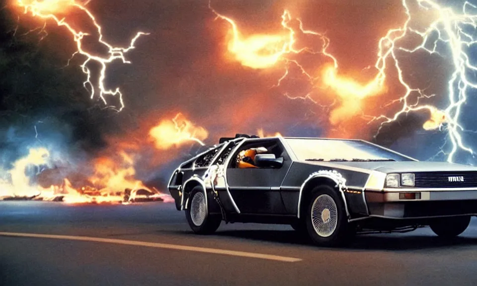 Image similar to scene from back to the future, delorean from back to the future driving very fast, lightning around the car, fire on the road, driving through a portal, motion blur