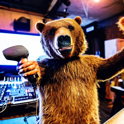 Image similar to an instagram photo of a grizzly bear dressed in hip hop street clothes in front of a dj table holding a microphone