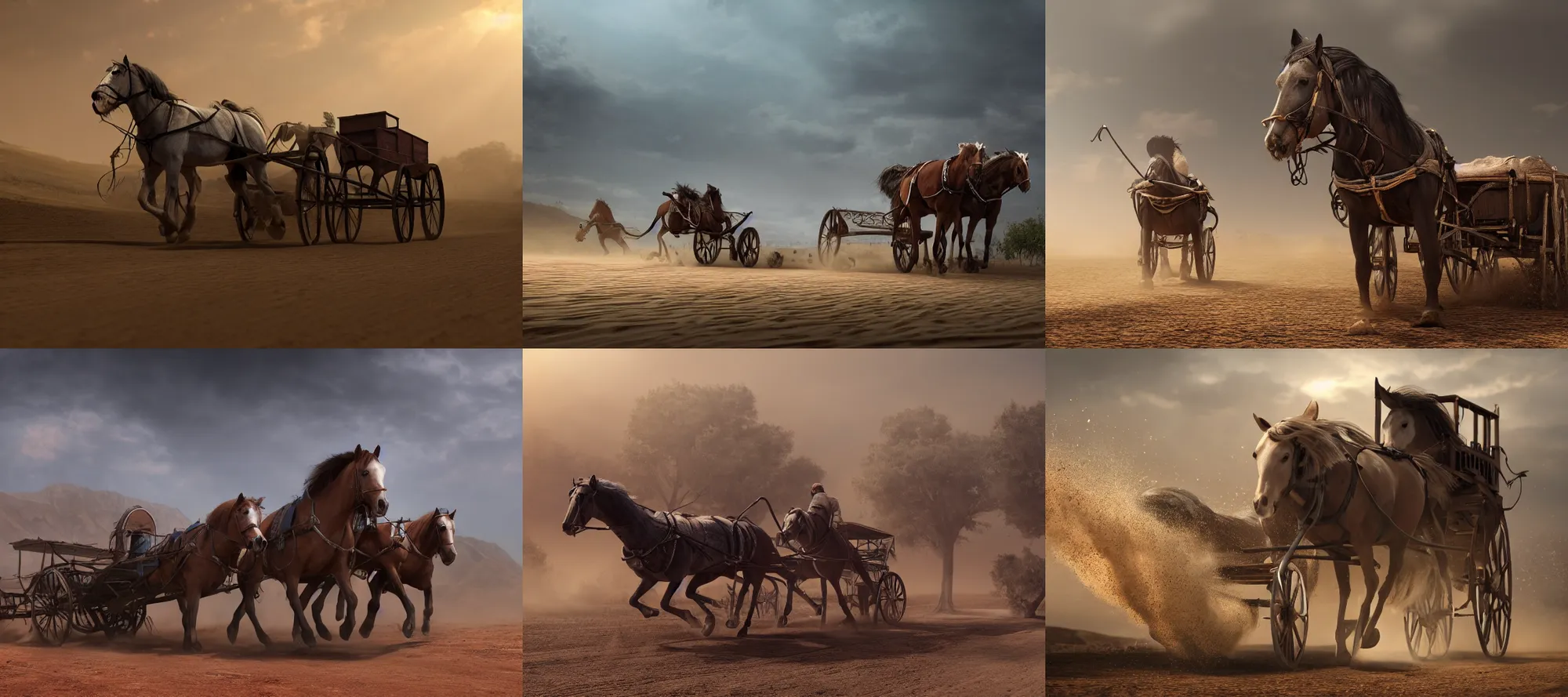 Prompt: one horse pulling a cart along a dust track, diffuse lighting, strong imagery, highly detailed, photorealistic 8k, cinematic lighting, HD, high detail, atmospheric, trending on artstation