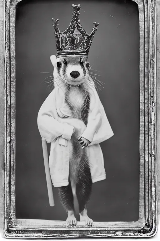 Image similar to a wet plate photo of an anthropomorphic ferret king, wearing a crown, wearing a robe