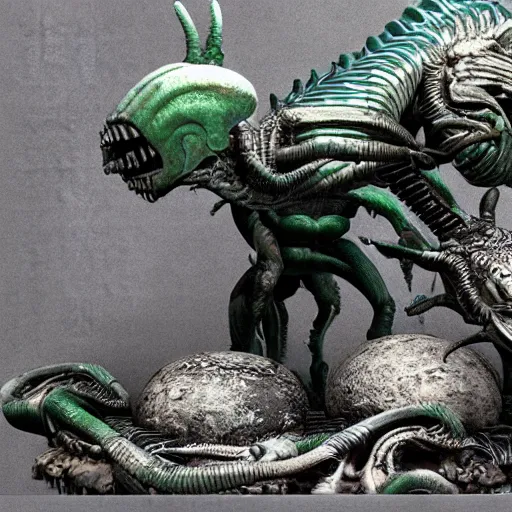 Image similar to xenomorph queen human hybrid dragon eggs, dark emerald mist colors, giger color liminal backfill, realistic, award winning photograph