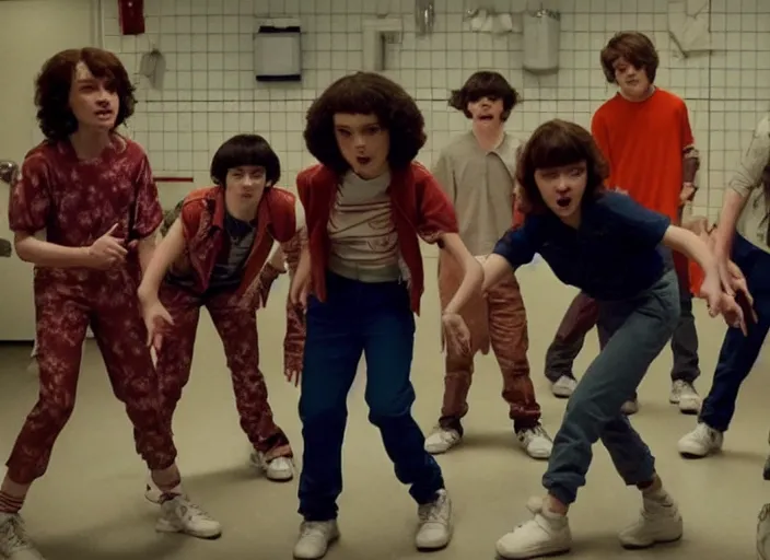 Image similar to the cast of stranger things having a dance battle with the demogorgon, extremely detailed, high quality, 4 k, award - winning,