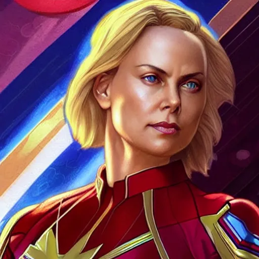 Image similar to Charlize Theron As Captain Marvel, artists portrait, fantasy, highly detailed, digital painting, concept art, sharp focus, depth of field blur, illustration, art by artgerm and greg rutkowski and alphonse mucha