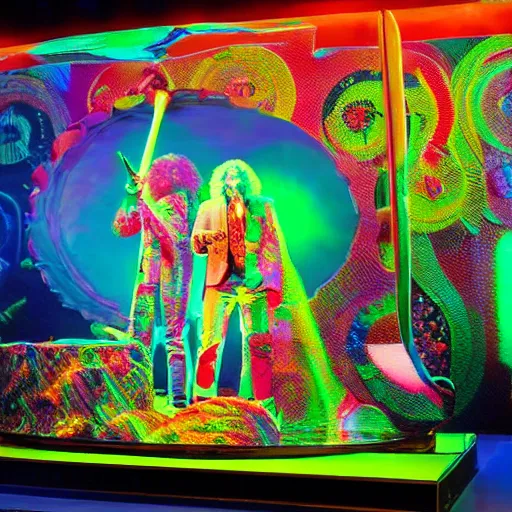 Image similar to led Zeppelin on a stage made of candy, 8k photographic realness, amazing fineline detail