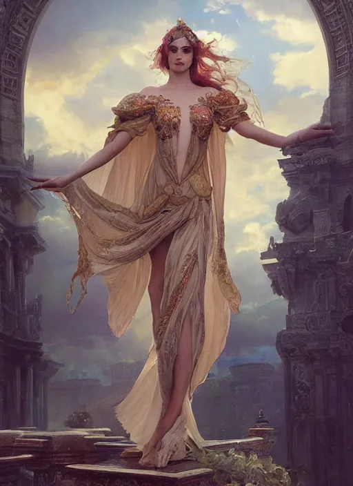 Prompt: a beautiful portrait of a sorceress floating on air with elegant looks, flowing robe, ornate and flowing, intricate and soft by ruan jia, tom bagshaw, alphonse mucha, wlop, beautiful roman architectural ruins in the background, epic sky, vray render, artstation, deviantart, pinterest, 5 0 0 px models