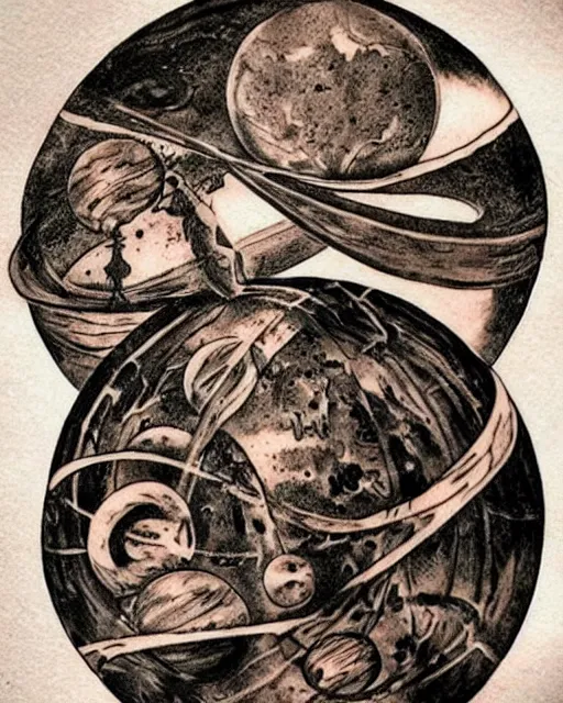 Prompt: planets on the top of a broken renaissance head statue, realism tattoo design, in the style of da ink