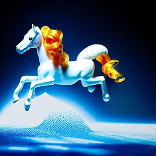 Image similar to a plastic horse toy is dancing on lying astronaut, concept art, fantasia photo