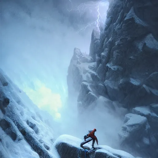 Image similar to climber, extreme cold, storm, octane rendering, volumetric lightning, hyperrealism, no blur, 4 k resolution, ultra detailed, style of ivan shishkin, tyler edlin, anato finnstark, edward robert hughes