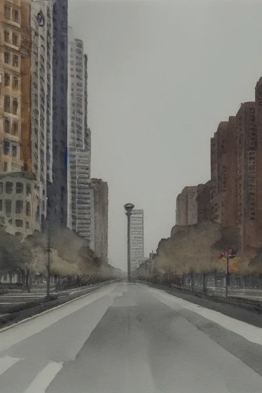 Image similar to A watercolor depicting an empty Huaihai Road gloomy weather, high contrast, smooth, by Joseph Zbikowicz, 8k