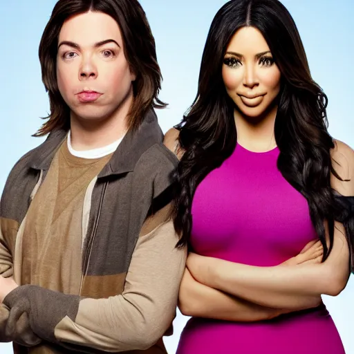 Image similar to Icarly with kim kardashian as Carly, 8k full HD photo, cinematic lighting, anatomically correct, oscar award winning, action filled, correct eye placement,