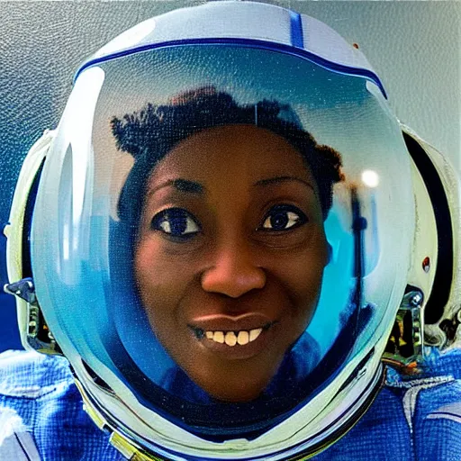 Prompt: “nigerian female astronaut on board international space station wearing space suit and translucent helmet, highly detailed, fish eye lens, in the style of Edward hooper oil painting”