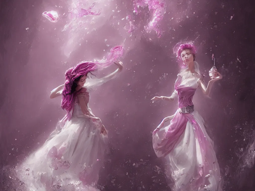 Prompt: a beautiful years old chatain hair woman in a soft magenta long dress with silver rings and pink nails \ she levitates a transparent bottle with a black sticker and filled with ivory white liquid. fantasy, intricate, elegant, highly detailed, digital painting, artstation, concept art, matte, illustration, artger, greg rutkowski, epic fantasy