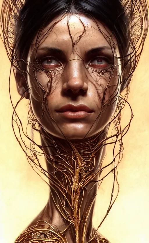 Prompt: portrait of a dark goddess, gold wires, visible veins and nerves and muscles and bones and arteries, intricate, headshot, highly detailed, digital painting, artstation, concept art, sharp focus, cinematic lighting, illustration, art by artgerm and greg rutkowski, alphonse mucha, cgsociety