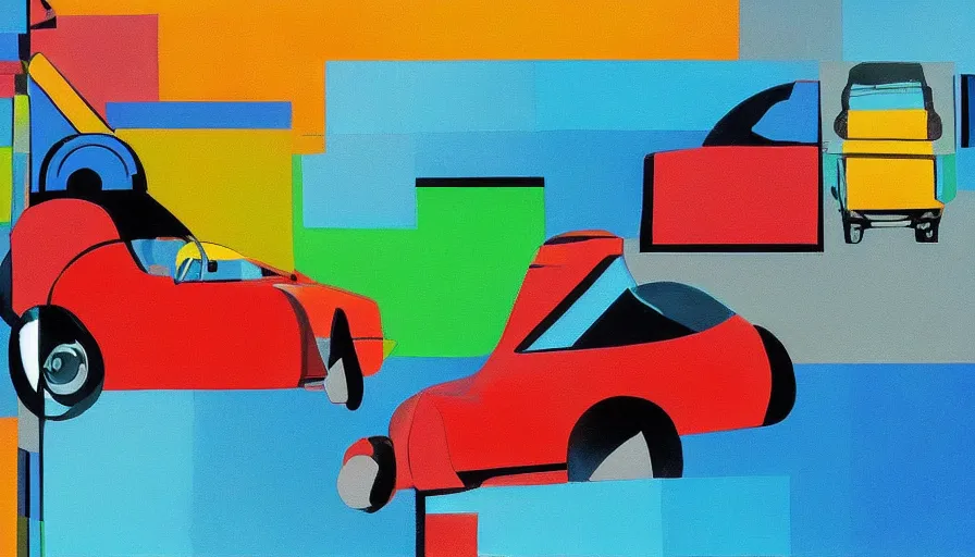 Image similar to a geometric, colourful, painting of a car driving down a highway