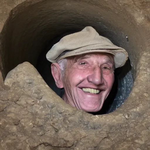 Prompt: a poorly lit smiling old man in a sewer