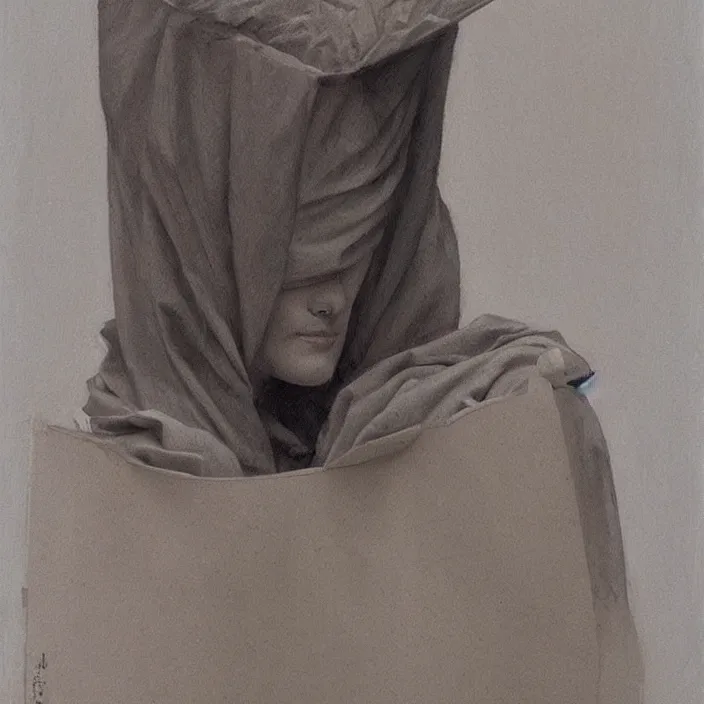 Image similar to woman portrait with a paper bag over the head, highly detailed, artstation, art by zdislav beksinski, wayne barlowe, edward hopper