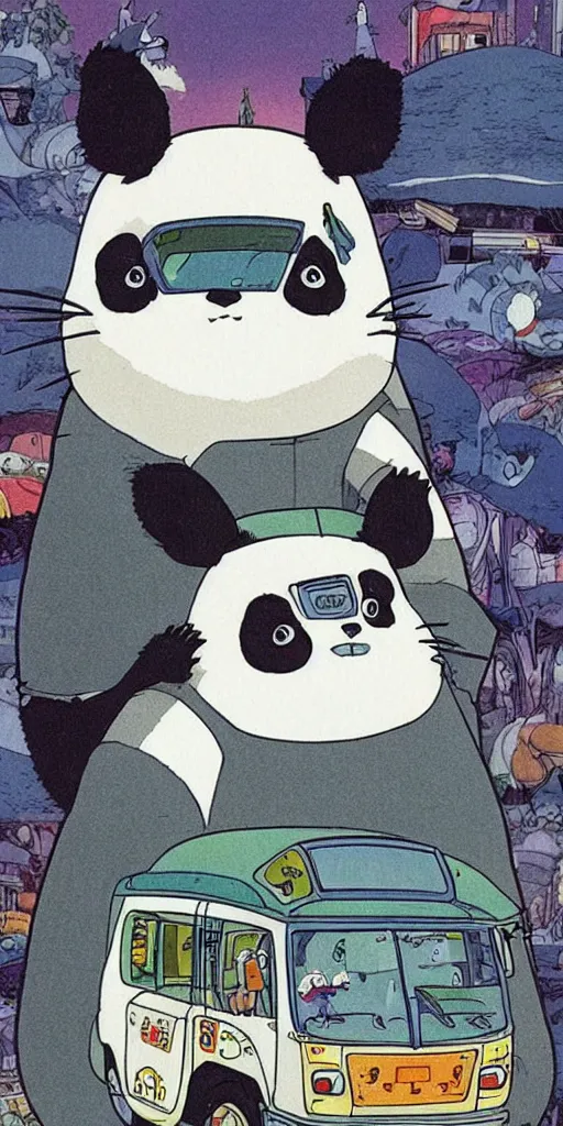 Image similar to a panda bus in like totoro, 1990s anime, full color, tarot card the chariot, highly detailed ,