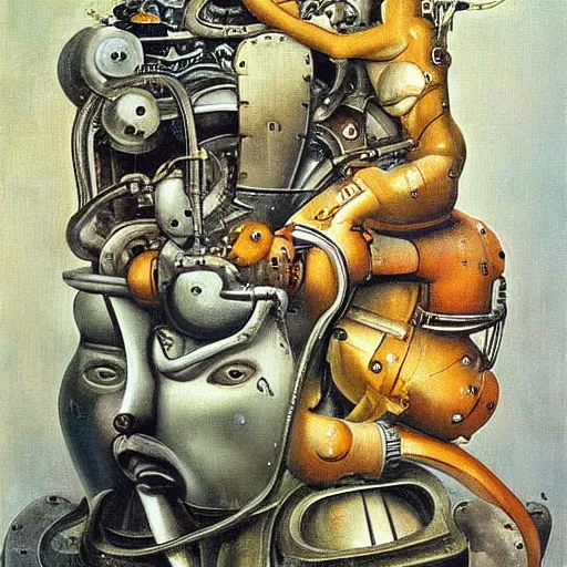 Image similar to Oil painting by Dali. Two mechanical trash gods with animal faces kissing. Oil painting by Hans Bellmer.