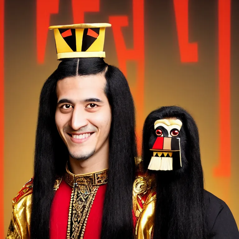 Prompt: A photo of Emperor Kuzco!!!!!!!!!!!!!!!! with his black long hair, face shaved and smiling with confidence, and wearing!!! his emperor clothes, in his early 20s. Portrait by Terry Richardson. Golden hour. 8K. UHD. Bokeh.