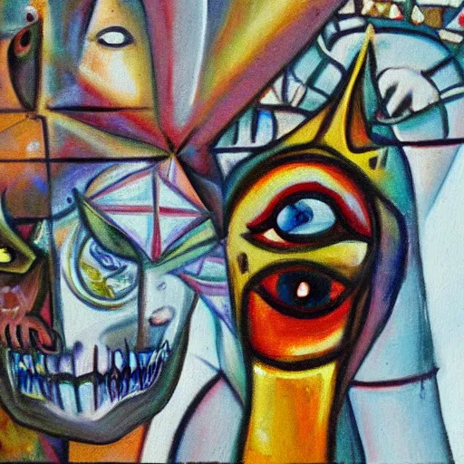 Image similar to portre of an autistic demon on acid, masonic and kabalistic symbols in background, oil painting