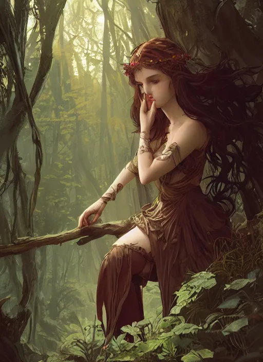 Image similar to a beautiful cute young demon princess in a forest, D&D, fantasy, intricate, cinematic lighting, highly detailed, digital painting, artstation, concept art, smooth, sharp focus, illustration, art by Terry Moore and Greg Rutkowski and Alphonse Mucha