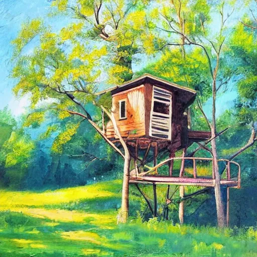 Image similar to treehouse in the countryside on a sunny day, peaceful, dreamy, brush strokes, oil painting