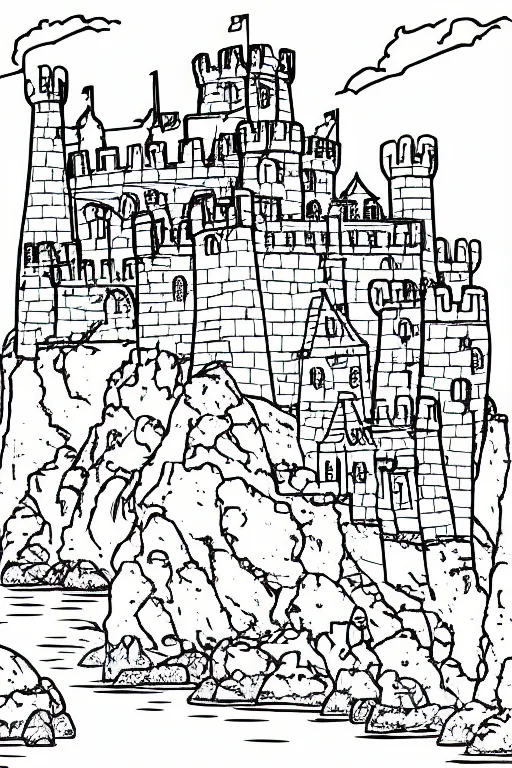 Image similar to an old castle on a seaside cliff coloring book, line art, simple, low detail