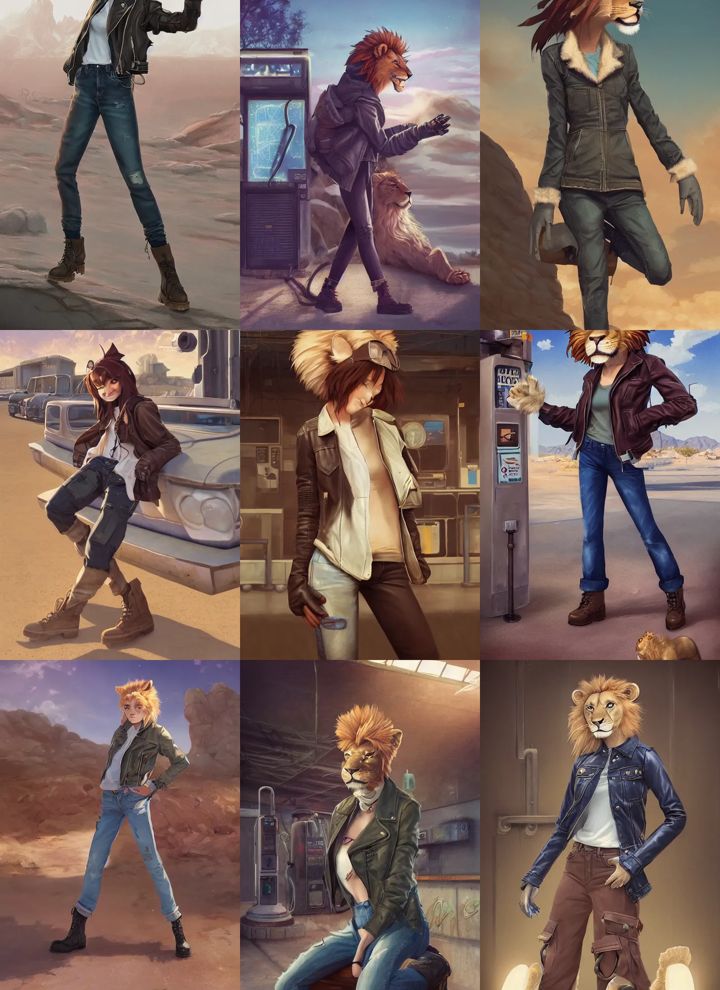 Image similar to beautiful portrait of a female anthropomorphic lion fursona wearing a open leather jacket at an old gas station in the desert. leather gloves. combat boots. cargo jeans. character design by charlie bowater, ross tran, artgerm, and makoto shinkai, detailed, soft lighting, rendered in octane