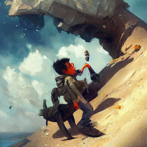 Image similar to Mimic disguised as backpack eating gemstones on a treasure pile, oil painting by Greg Rutkowski