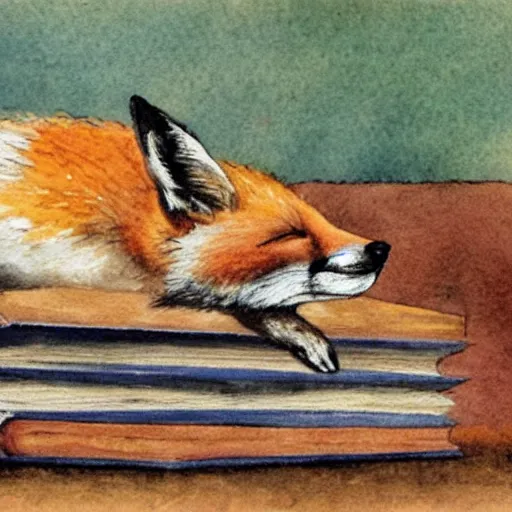 Image similar to fox sleeping on a pile of books, watercolors, 1 9 3 0