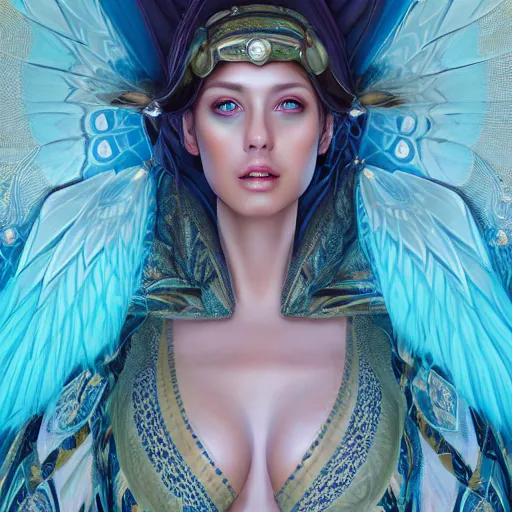 Image similar to a beautiful symmetrical plus size woman full body wearing algerian kaftan with translucent wings by alex gray and android jones , Karol Bak, Ayami Kojima, Amano , concept art, character design, fantasy,3D, 8k resolution