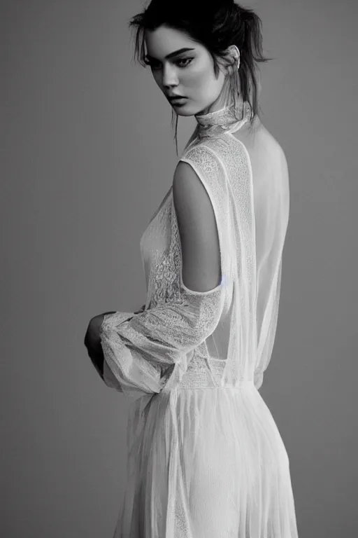 Image similar to emotionnal shot. fragile shy woman looking like Kendall Jenner with sheer dress with plunging neckline and lace sleeves. award-winning fashion photography. intimate and vulnerable lighting. 130mm bw fashion photography .
