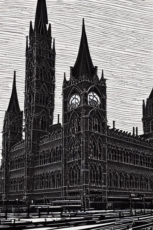 Prompt: a beautiful linocut print on paper of st pancras station, london, 8 k, frostbite 3 engine, cryengine, dof, trending on artstation, digital art, crepuscular ray, by gail brodholt